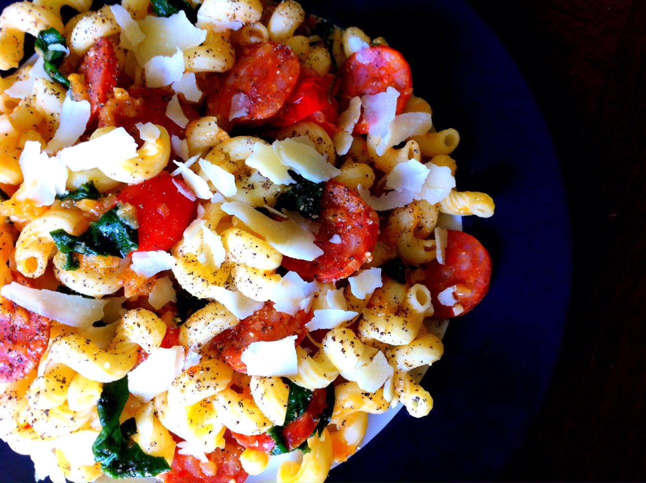 Pasta with Chorizo, Spinach & Cherry Tomatoes